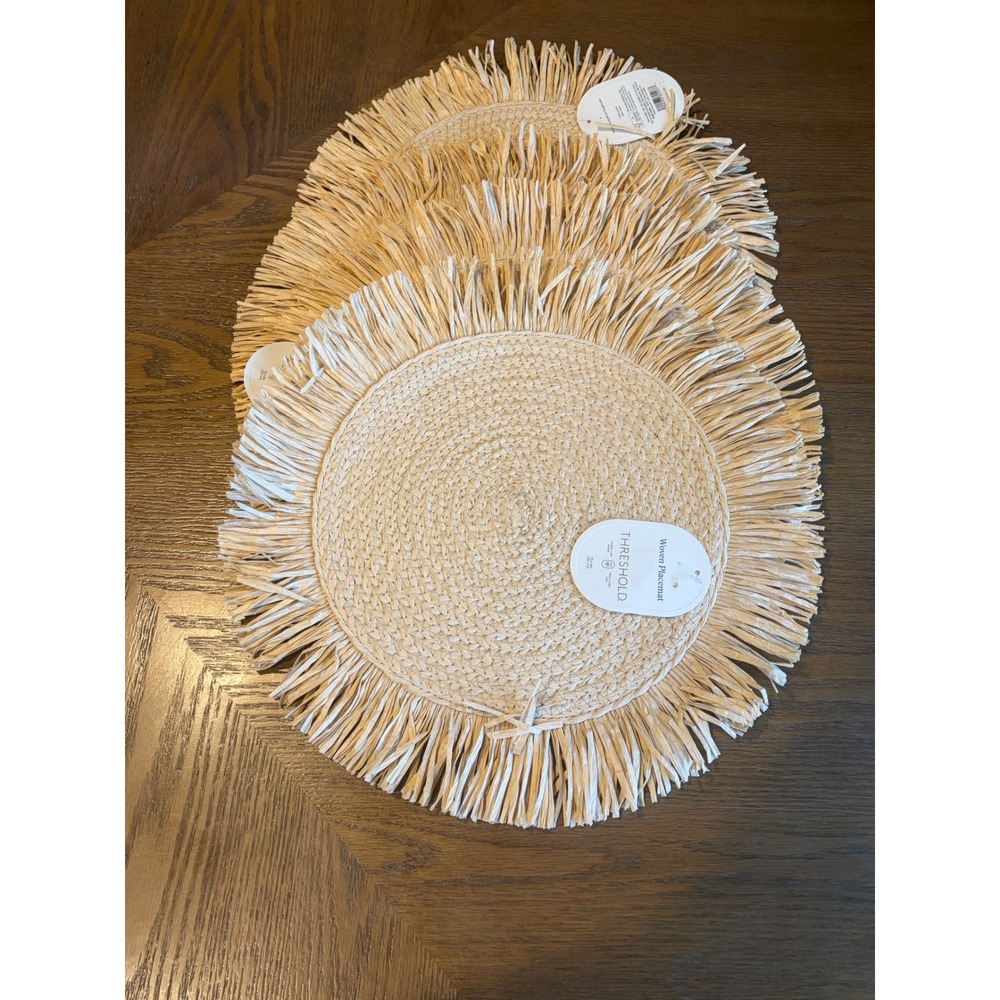Threshold Set of 4 Woven Round Placemats Natural Tan Boho Fringe 15in